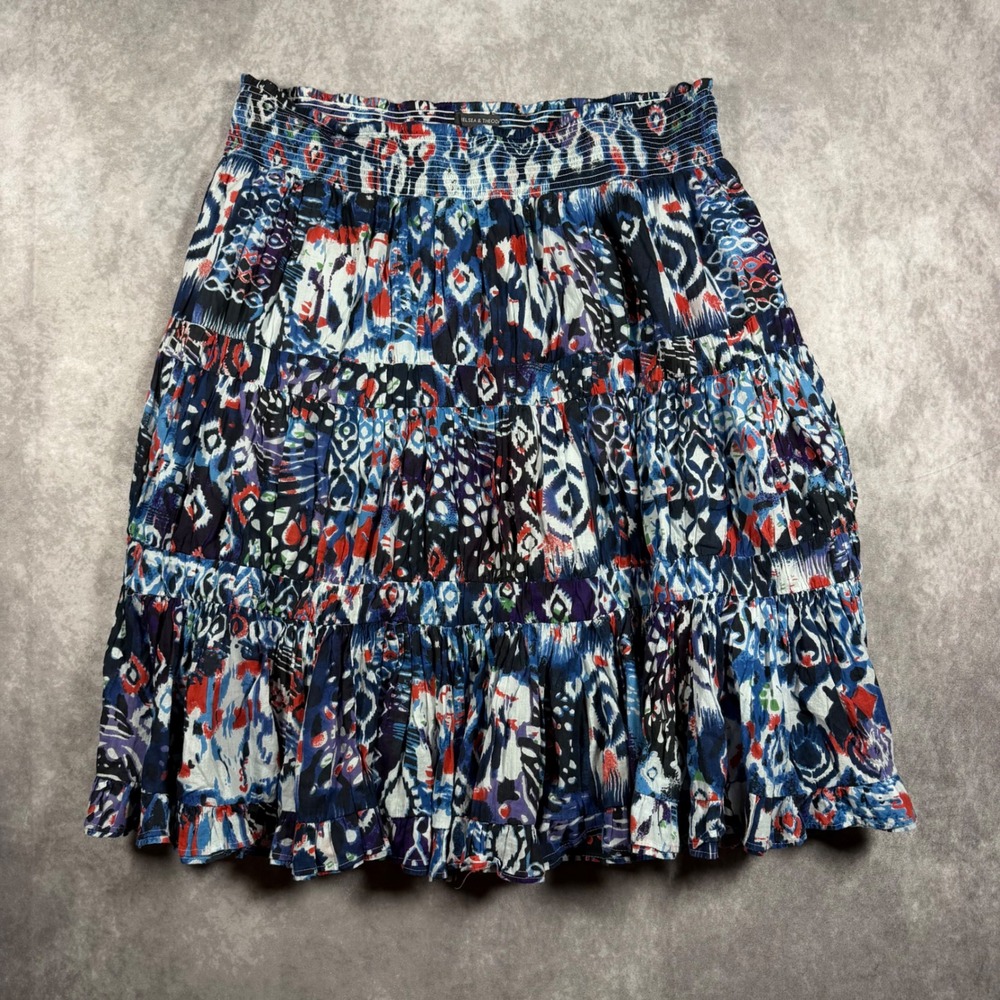 Chelsea & Theodore Blue Cotton Smocked Tiered Ruffle Midi Skirt Womens XL Boho